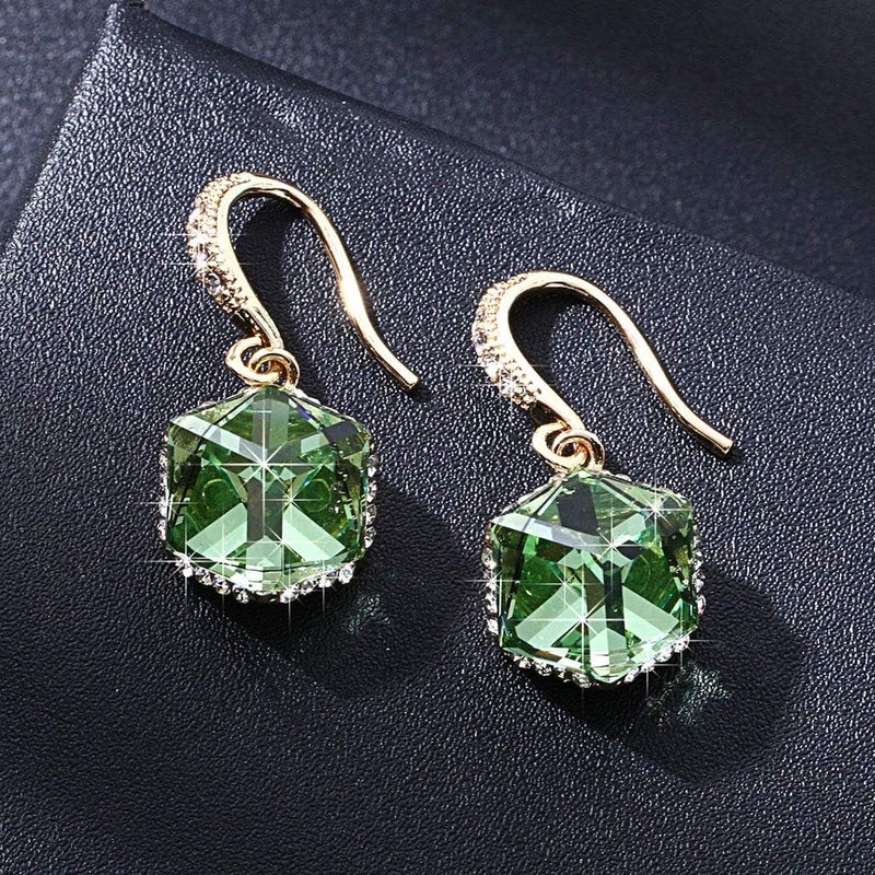 EVEVIC Austrian Crystal Cube Drop Dangle Earrings for Women 14K Gold Plated Hypoallergenic Jewelry (Green) - Image 3